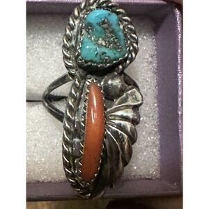 SIZE 8 "RHY" NAVAJO STERLING SILVER TURQUOISE & LARGE CORAL WOMENS RING